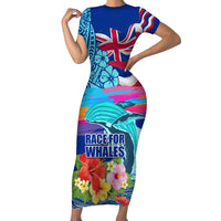 Hawaii Race For Whales Family Matching Short Sleeve Bodycon Dress and Hawaiian Shirt Flag and Polynesian Hibiscus LT03 Mom's Dress Blue - Polynesian Pride