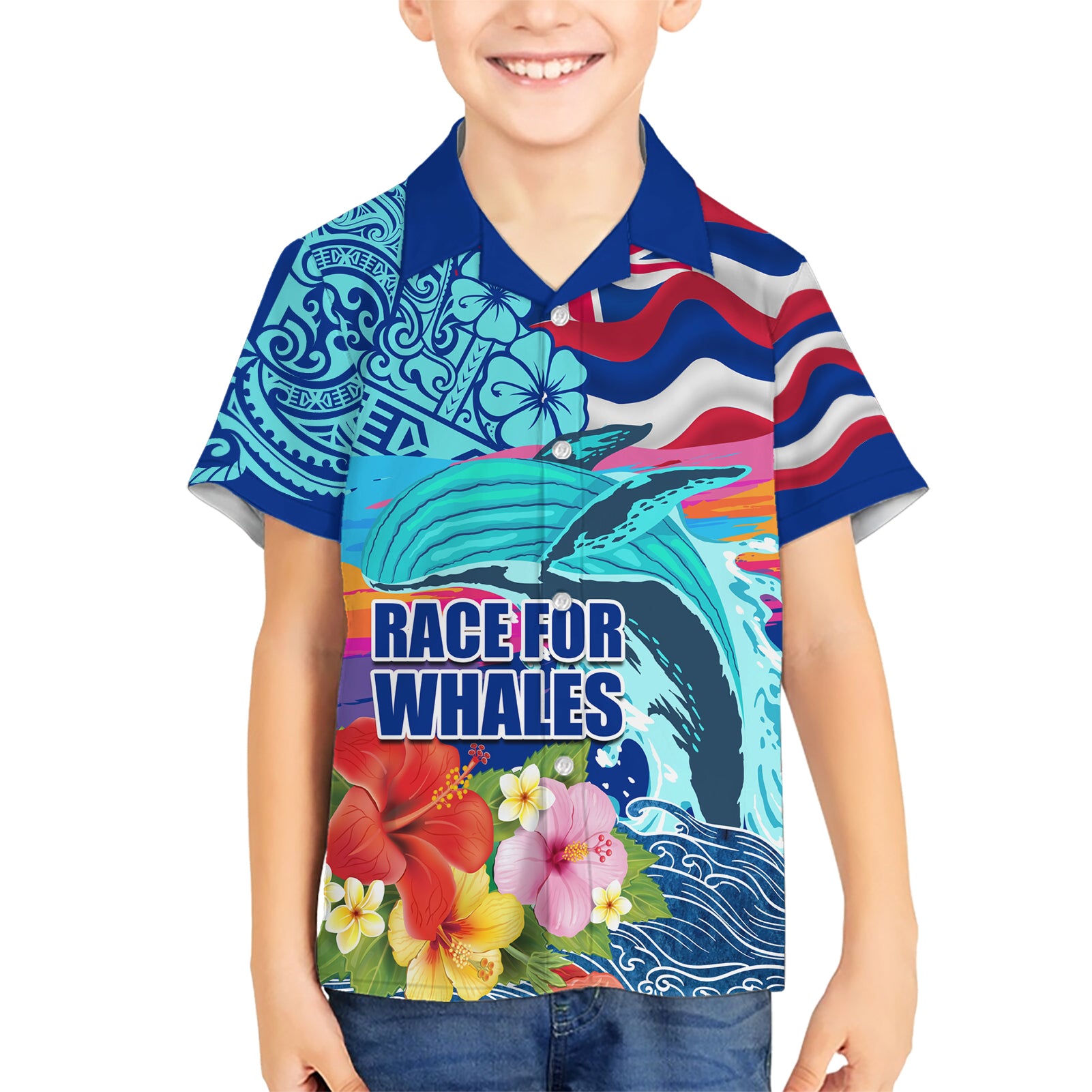 Hawaii Race For Whales Kid Hawaiian Shirt Flag and Polynesian Hibiscus LT03 Kid Blue - Polynesian Pride