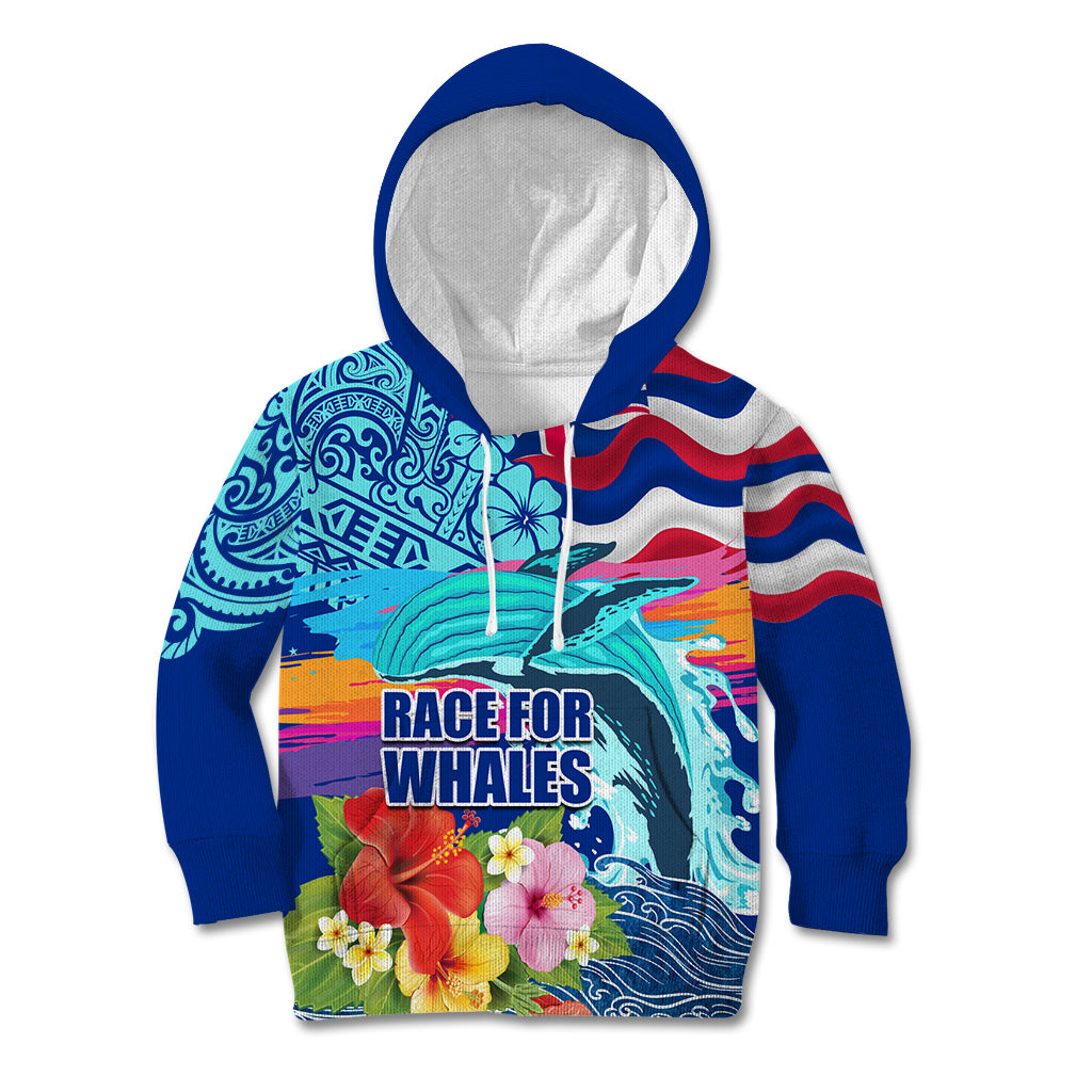 Hawaii Race For Whales Kid Hoodie Flag and Polynesian Hibiscus LT03 Hoodie Blue - Polynesian Pride
