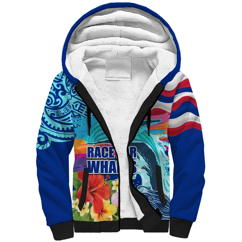 Hawaii Race For Whales Sherpa Hoodie Flag and Polynesian Hibiscus LT03 Unisex Blue - Polynesian Pride