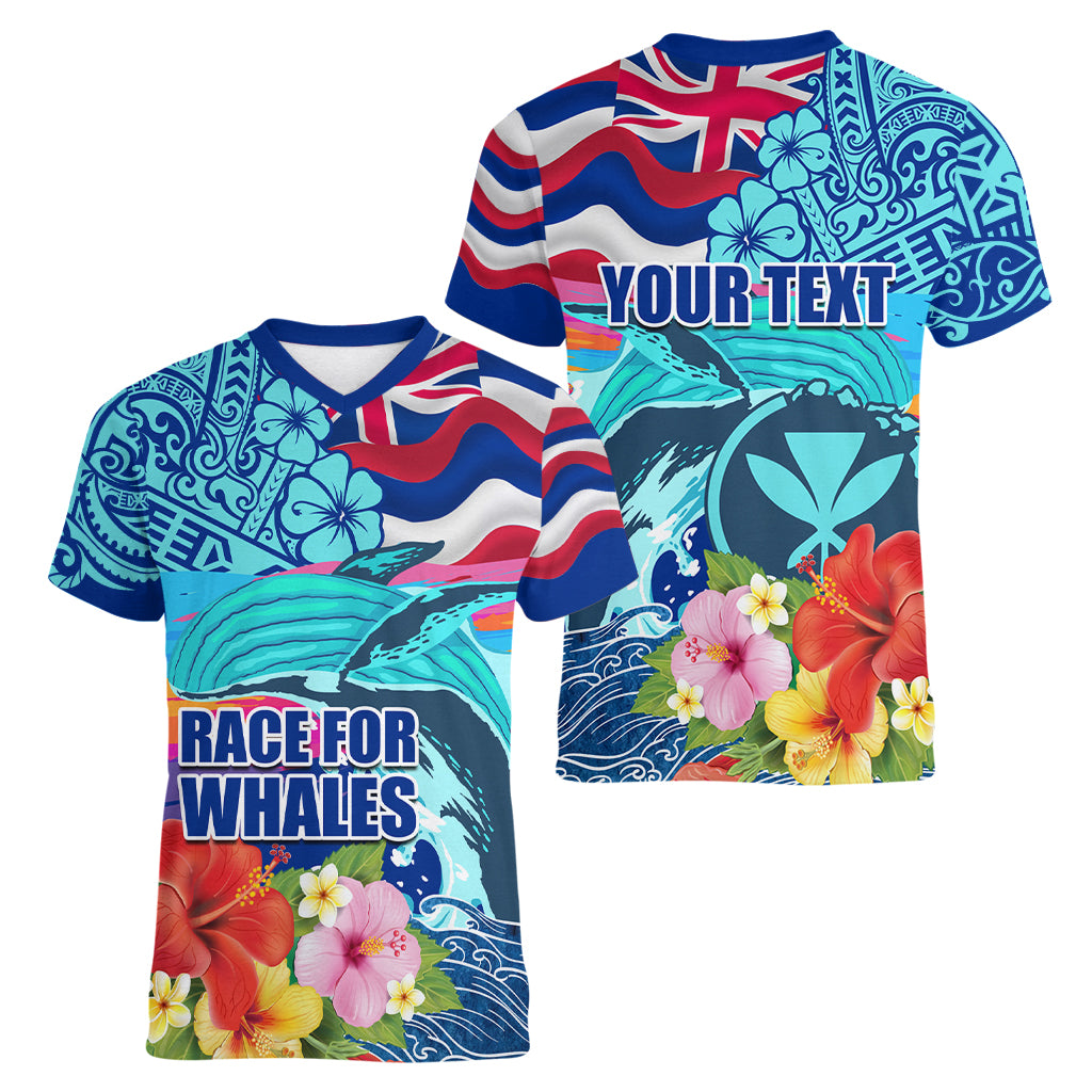 Hawaii Race For Whales Women V Neck T Shirt Flag and Polynesian Hibiscus LT03 - Polynesian Pride