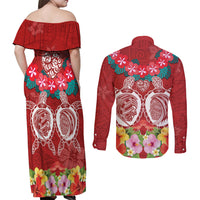 Polynesian Valentine Day Couples Matching Off Shoulder Maxi Dress and Long Sleeve Button Shirt Love Couple Turtle Maori Hibiscus Red Style LT03 - Polynesian Pride