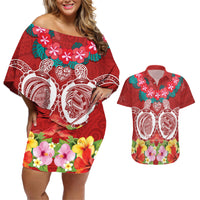 Polynesian Valentine Day Couples Matching Off Shoulder Short Dress and Hawaiian Shirt Love Couple Turtle Maori Hibiscus Red Style LT03 Red - Polynesian Pride