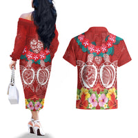 Polynesian Valentine Day Couples Matching Off The Shoulder Long Sleeve Dress and Hawaiian Shirt Love Couple Turtle Maori Hibiscus Red Style LT03 - Polynesian Pride