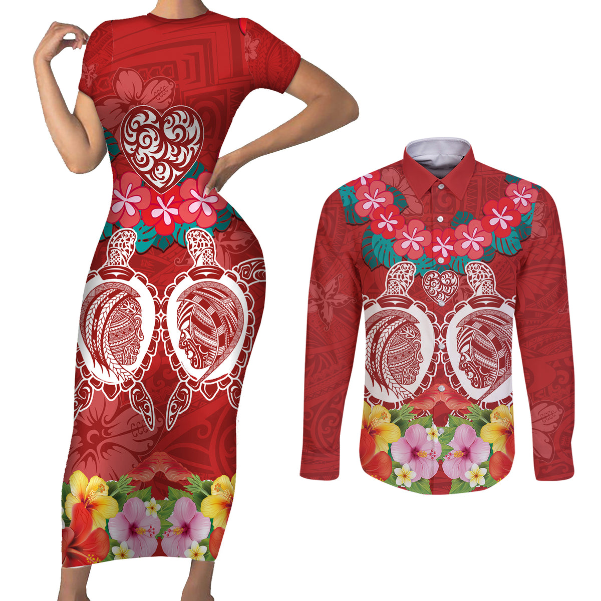 Polynesian Valentine Day Couples Matching Short Sleeve Bodycon Dress and Long Sleeve Button Shirt Love Couple Turtle Maori Hibiscus Red Style LT03 Red - Polynesian Pride