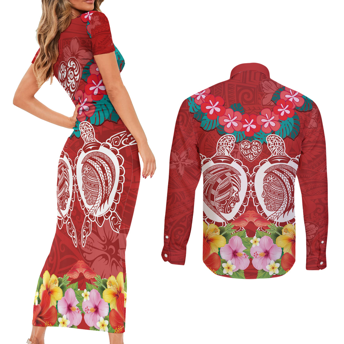 Polynesian Valentine Day Couples Matching Short Sleeve Bodycon Dress and Long Sleeve Button Shirt Love Couple Turtle Maori Hibiscus Red Style LT03 - Polynesian Pride