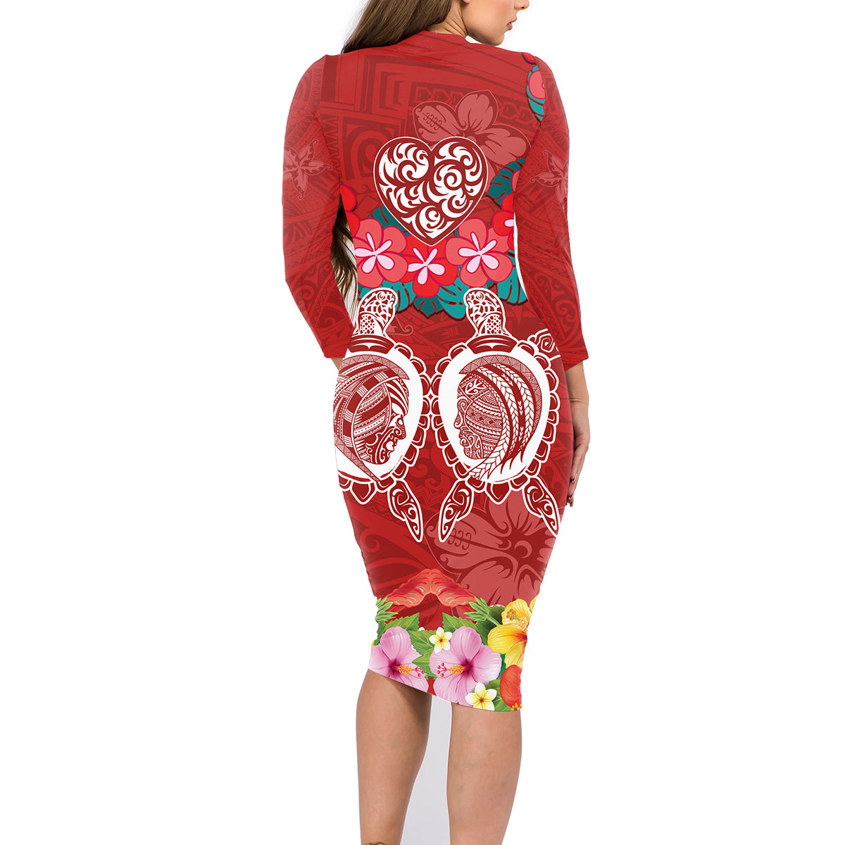 Polynesian Valentine Day Family Matching Long Sleeve Bodycon Dress and Hawaiian Shirt Love Couple Turtle Maori Hibiscus Red Style LT03 - Polynesian Pride