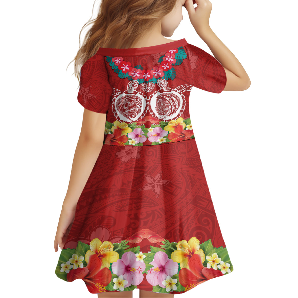 Polynesian Valentine Day Kid Short Sleeve Dress Love Couple Turtle Maori Hibiscus Red Style LT03 - Polynesian Pride
