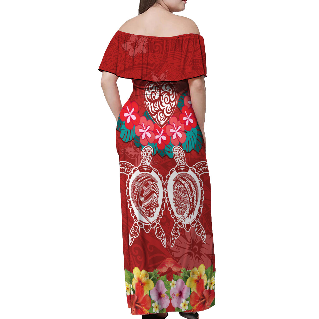 Polynesian Valentine Day Off Shoulder Maxi Dress Love Couple Turtle Maori Hibiscus Red Style LT03 - Polynesian Pride
