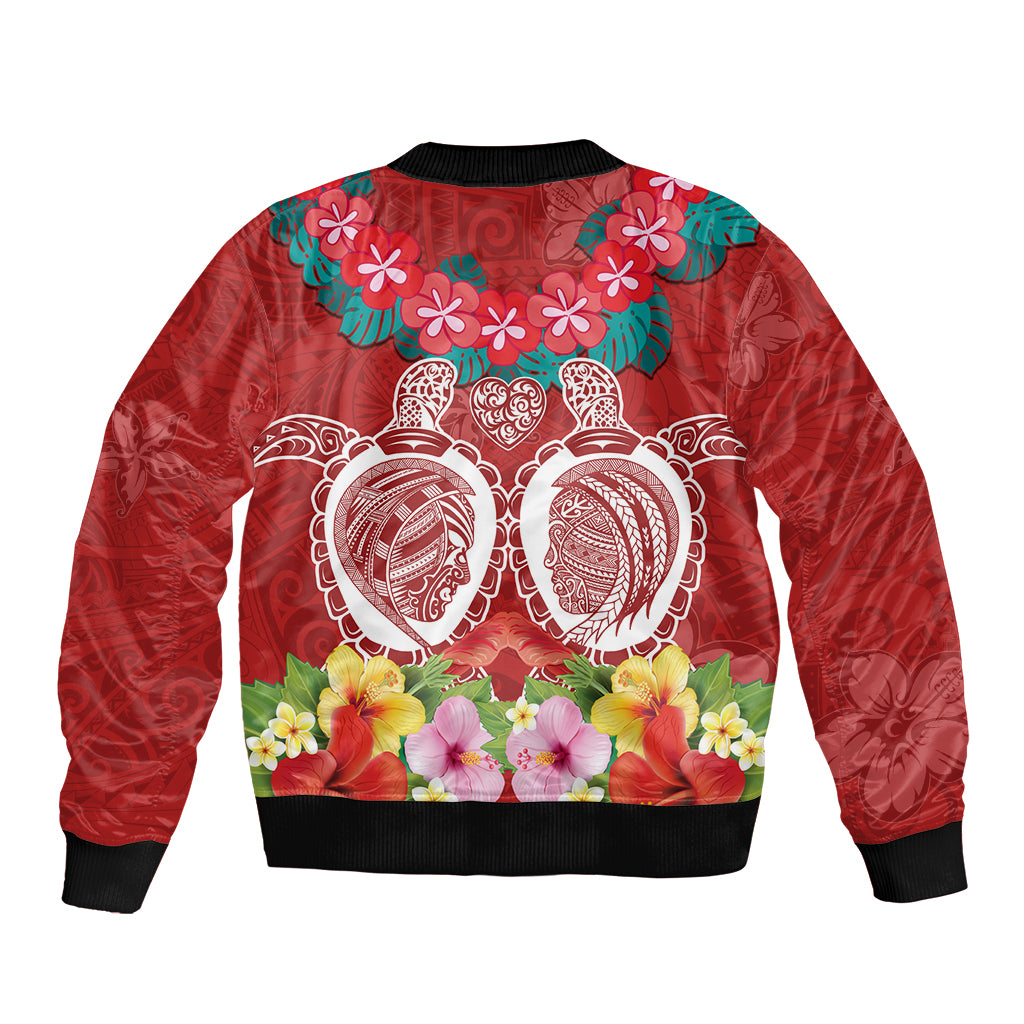 Polynesian Valentine Day Sleeve Zip Bomber Jacket Love Couple Turtle Maori Hibiscus Red Style LT03 - Polynesian Pride