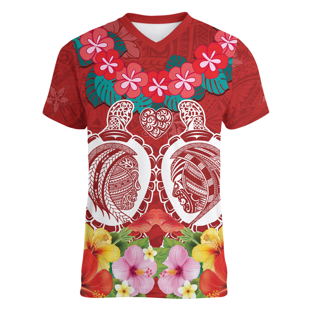 Polynesian Valentine Day Women V Neck T Shirt Love Couple Turtle Maori Hibiscus Red Style LT03 Female Red - Polynesian Pride