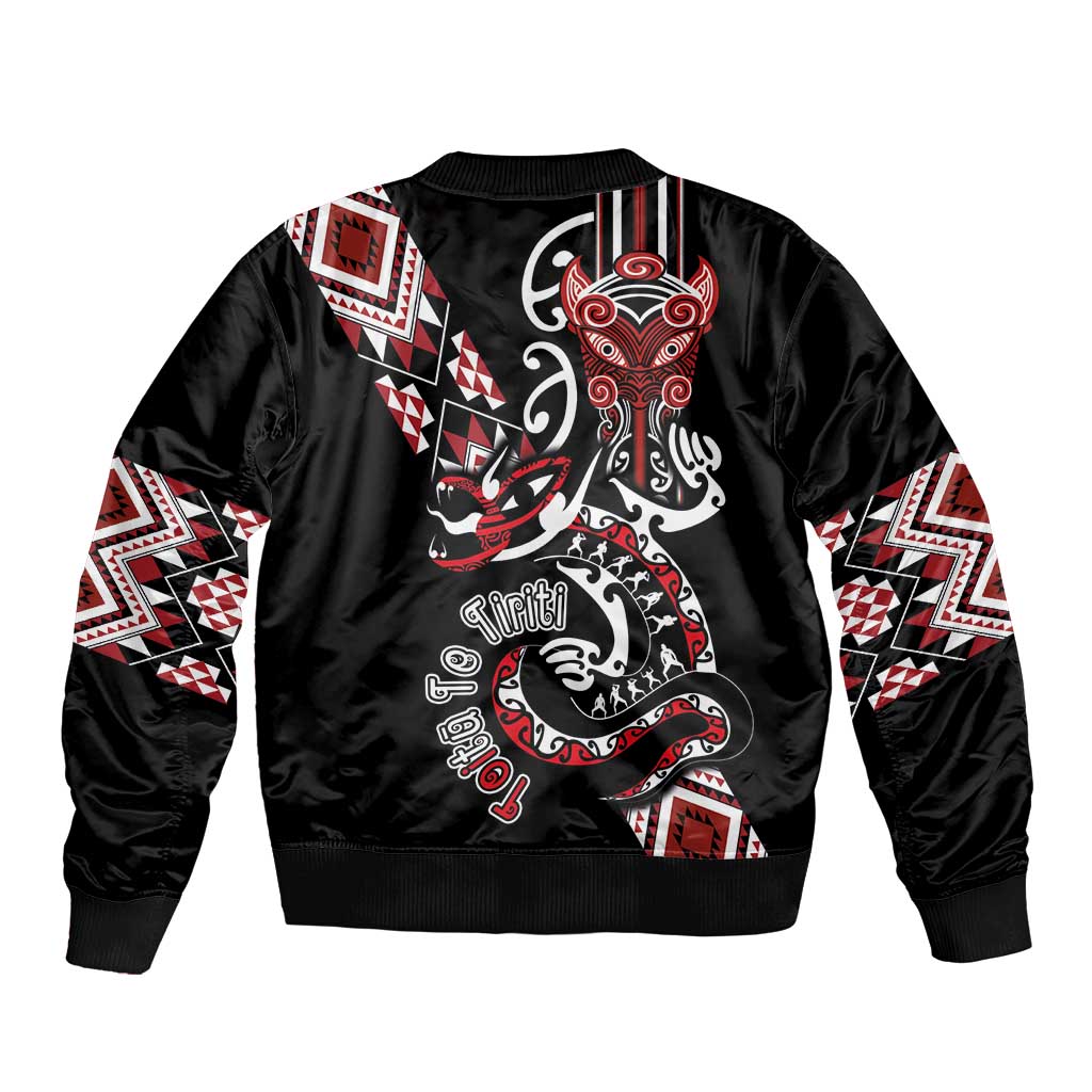 Aotearoa Toitu Te Tiriti-Honour the Treaty Bomber Jacket Maori Taniwha Haka with Taniko and Tukutuku
