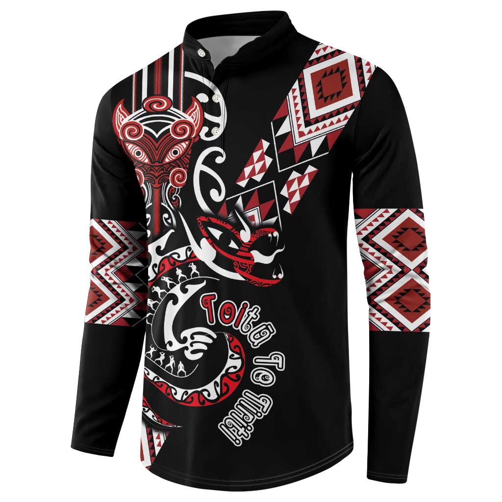 Aotearoa Toitu Te Tiriti-Honour the Treaty Button Sweatshirt Maori Taniwha Haka with Taniko and Tukutuku
