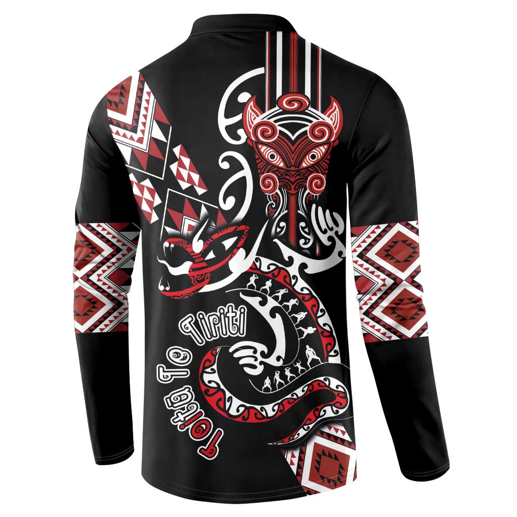 Aotearoa Toitu Te Tiriti-Honour the Treaty Button Sweatshirt Maori Taniwha Haka with Taniko and Tukutuku