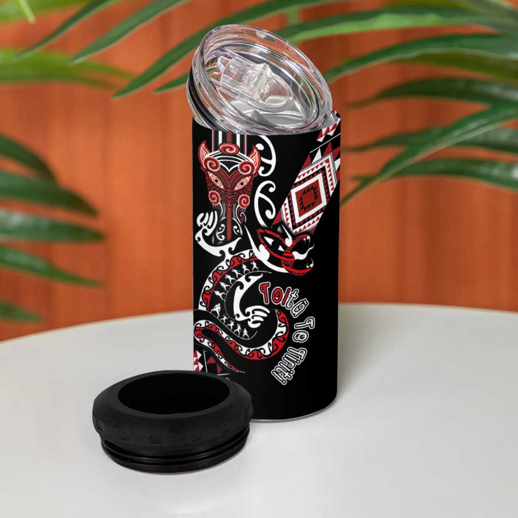 Aotearoa Toitu Te Tiriti-Honour the Treaty 4 in 1 Can Cooler Tumbler Maori Taniwha Haka with Taniko and Tukutuku