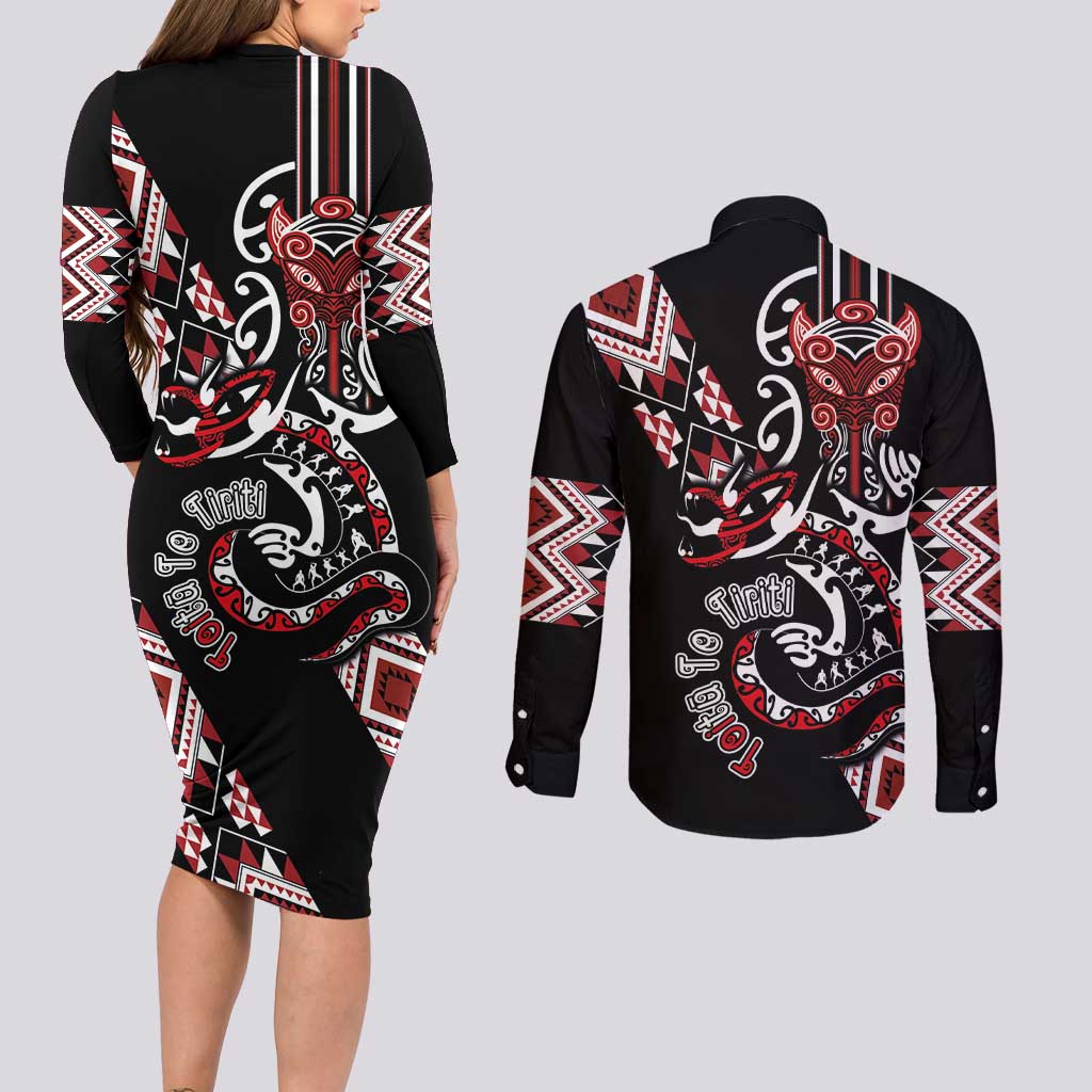 Aotearoa Toitu Te Tiriti-Honour the Treaty Couples Matching Long Sleeve Bodycon Dress and Long Sleeve Button Shirt Maori Taniwha Haka with Taniko and Tukutuku