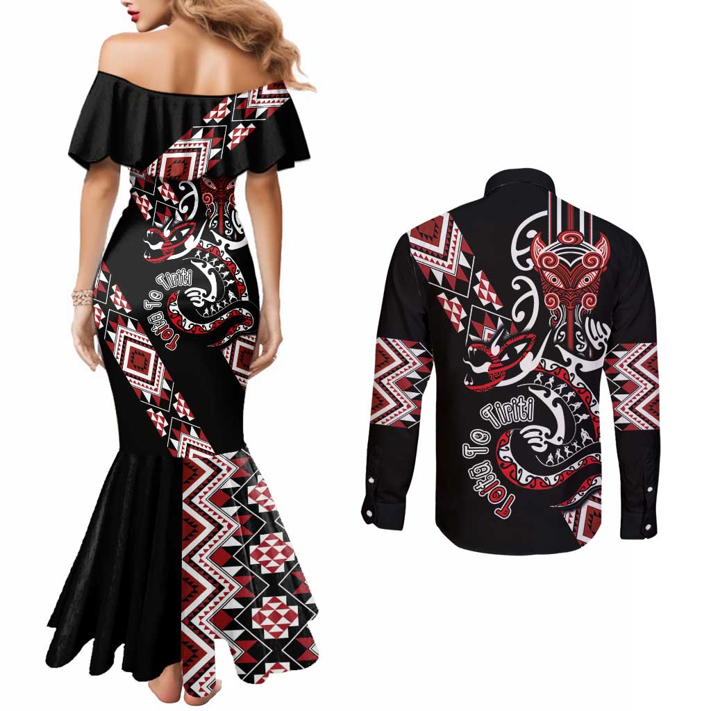 Aotearoa Toitu Te Tiriti-Honour the Treaty Couples Matching Mermaid Dress and Long Sleeve Button Shirt Maori Taniwha Haka with Taniko and Tukutuku