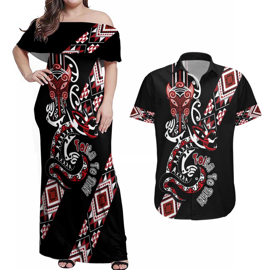 Aotearoa Toitu Te Tiriti-Honour the Treaty Couples Matching Off Shoulder Maxi Dress and Hawaiian Shirt Maori Taniwha Haka with Taniko and Tukutuku