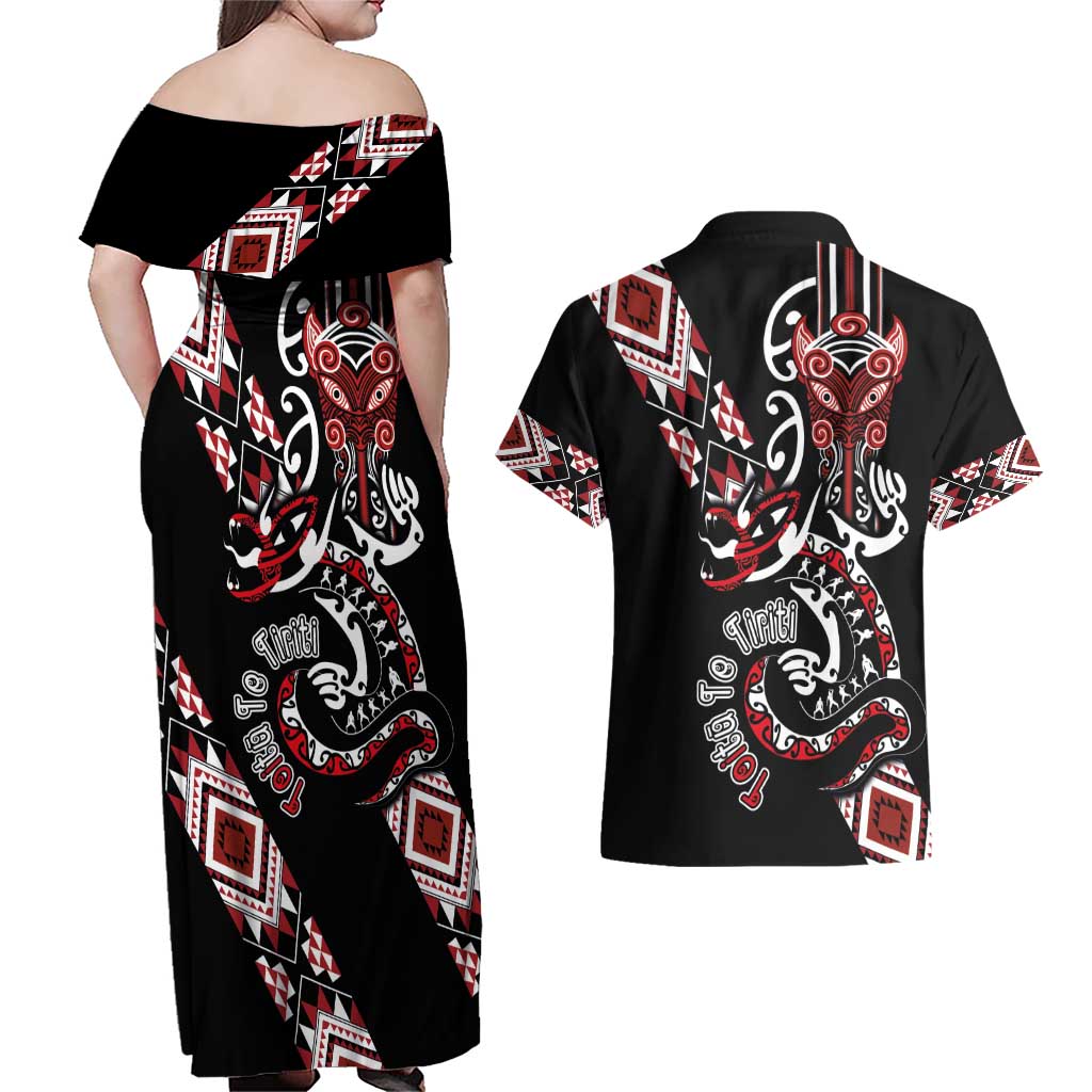 Aotearoa Toitu Te Tiriti-Honour the Treaty Couples Matching Off Shoulder Maxi Dress and Hawaiian Shirt Maori Taniwha Haka with Taniko and Tukutuku