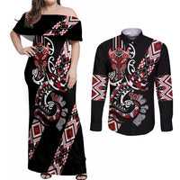 Aotearoa Toitu Te Tiriti-Honour the Treaty Couples Matching Off Shoulder Maxi Dress and Long Sleeve Button Shirt Maori Taniwha Haka with Taniko and Tukutuku