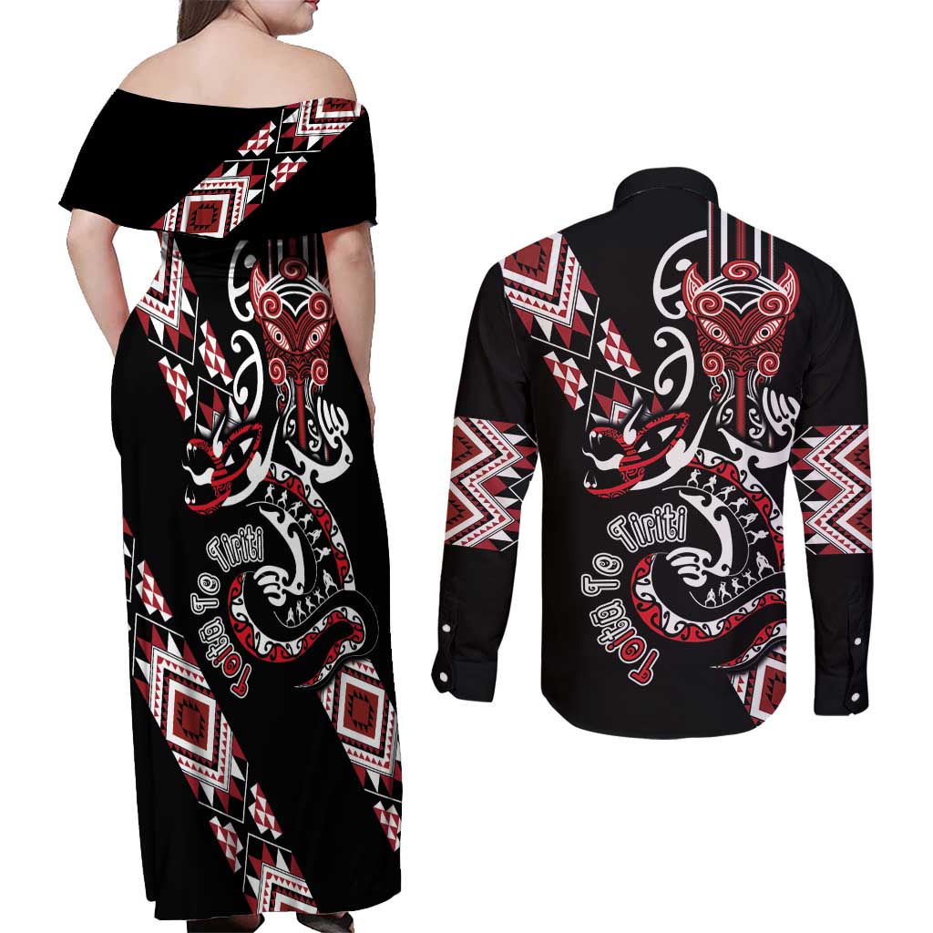 Aotearoa Toitu Te Tiriti-Honour the Treaty Couples Matching Off Shoulder Maxi Dress and Long Sleeve Button Shirt Maori Taniwha Haka with Taniko and Tukutuku