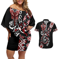 Aotearoa Toitu Te Tiriti-Honour the Treaty Couples Matching Off Shoulder Short Dress and Hawaiian Shirt Maori Taniwha Haka with Taniko and Tukutuku