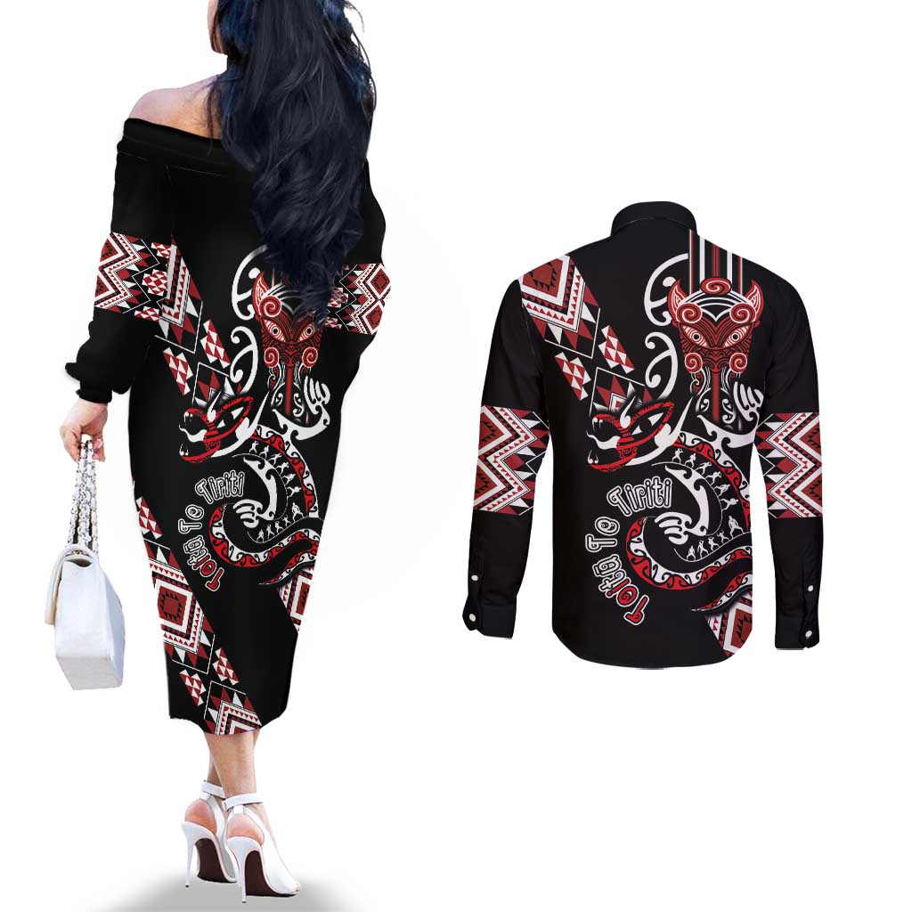 Aotearoa Toitu Te Tiriti-Honour the Treaty Couples Matching Off The Shoulder Long Sleeve Dress and Long Sleeve Button Shirt Maori Taniwha Haka with Taniko and Tukutuku