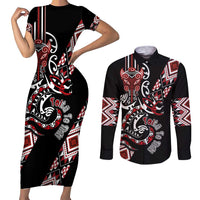 Aotearoa Toitu Te Tiriti-Honour the Treaty Couples Matching Short Sleeve Bodycon Dress and Long Sleeve Button Shirt Maori Taniwha Haka with Taniko and Tukutuku