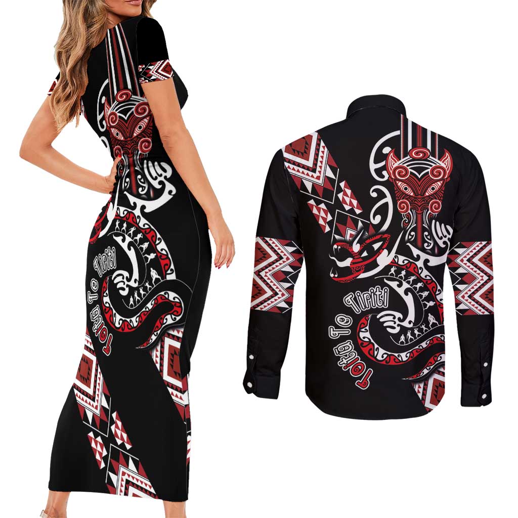 Aotearoa Toitu Te Tiriti-Honour the Treaty Couples Matching Short Sleeve Bodycon Dress and Long Sleeve Button Shirt Maori Taniwha Haka with Taniko and Tukutuku