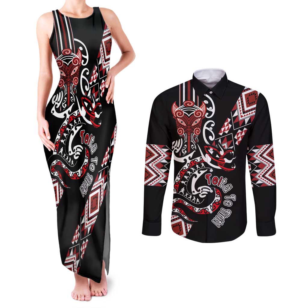 Aotearoa Toitu Te Tiriti-Honour the Treaty Couples Matching Tank Maxi Dress and Long Sleeve Button Shirt Maori Taniwha Haka with Taniko and Tukutuku