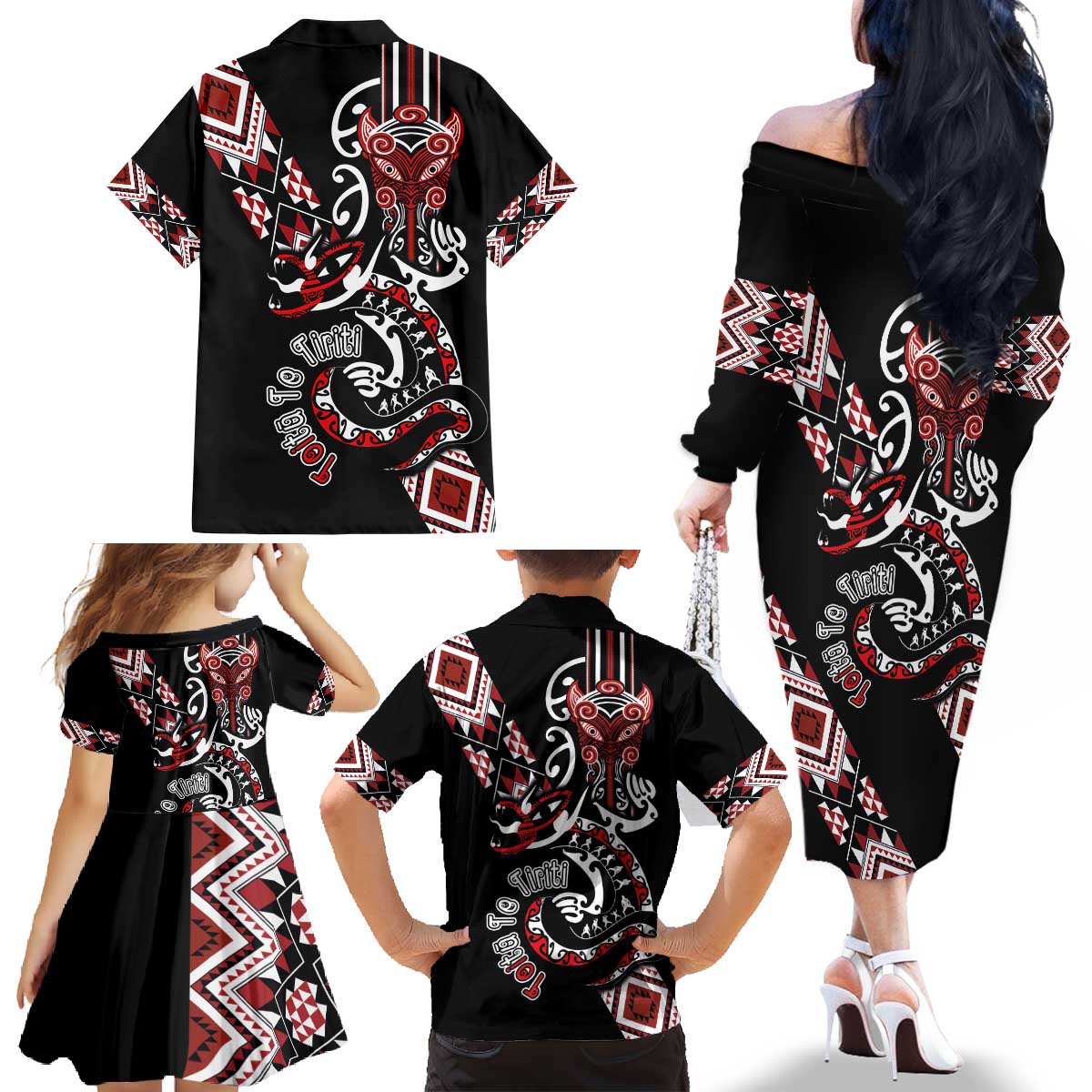 Aotearoa Toitu Te Tiriti-Honour the Treaty Family Matching Off The Shoulder Long Sleeve Dress and Hawaiian Shirt Maori Taniwha Haka with Taniko and Tukutuku