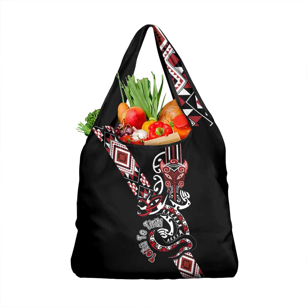 Aotearoa Toitu Te Tiriti-Honour the Treaty Grocery Bag Maori Taniwha Haka with Taniko and Tukutuku