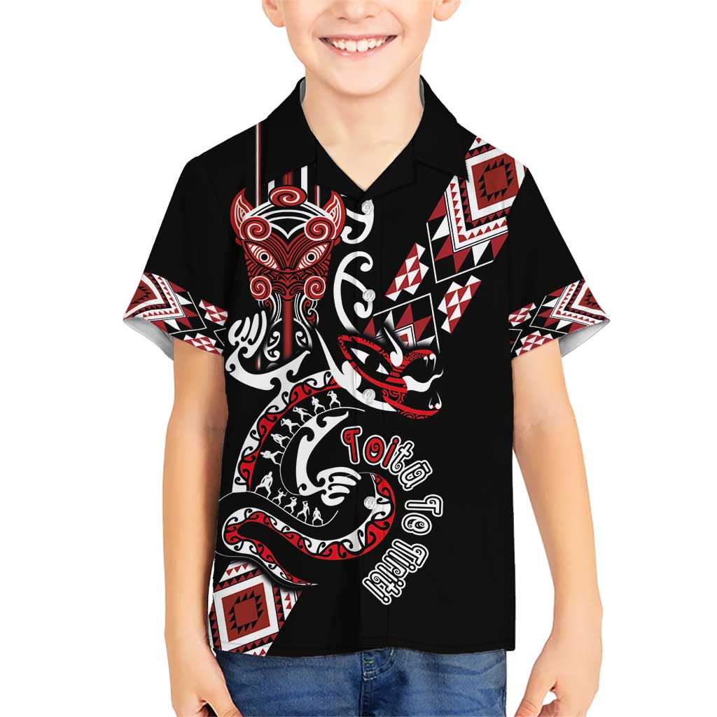 Aotearoa Toitu Te Tiriti-Honour the Treaty Kid Hawaiian Shirt Maori Taniwha Haka with Taniko and Tukutuku LT03 Kid Black - Polynesian Pride