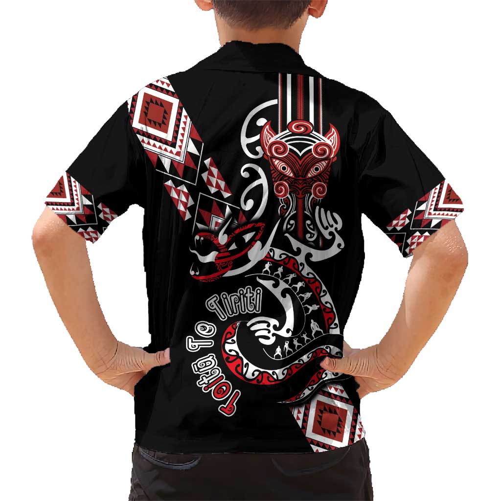 Aotearoa Toitu Te Tiriti-Honour the Treaty Kid Hawaiian Shirt Maori Taniwha Haka with Taniko and Tukutuku