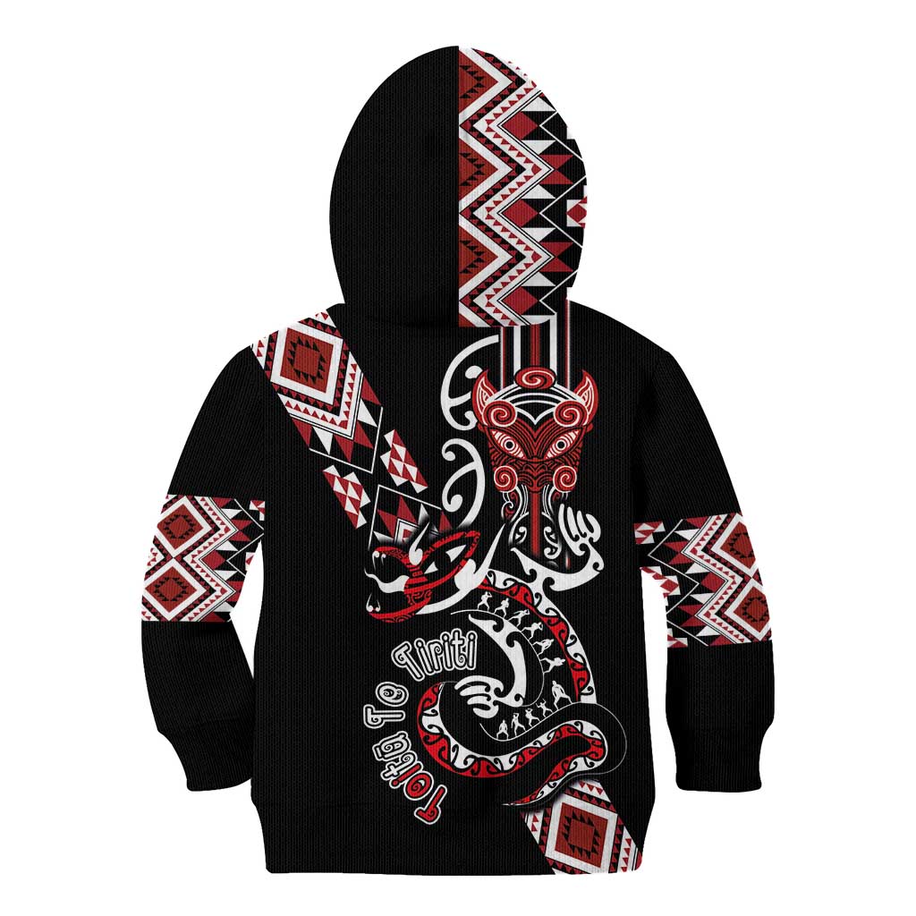 Aotearoa Toitu Te Tiriti-Honour the Treaty Kid Hoodie Maori Taniwha Haka with Taniko and Tukutuku