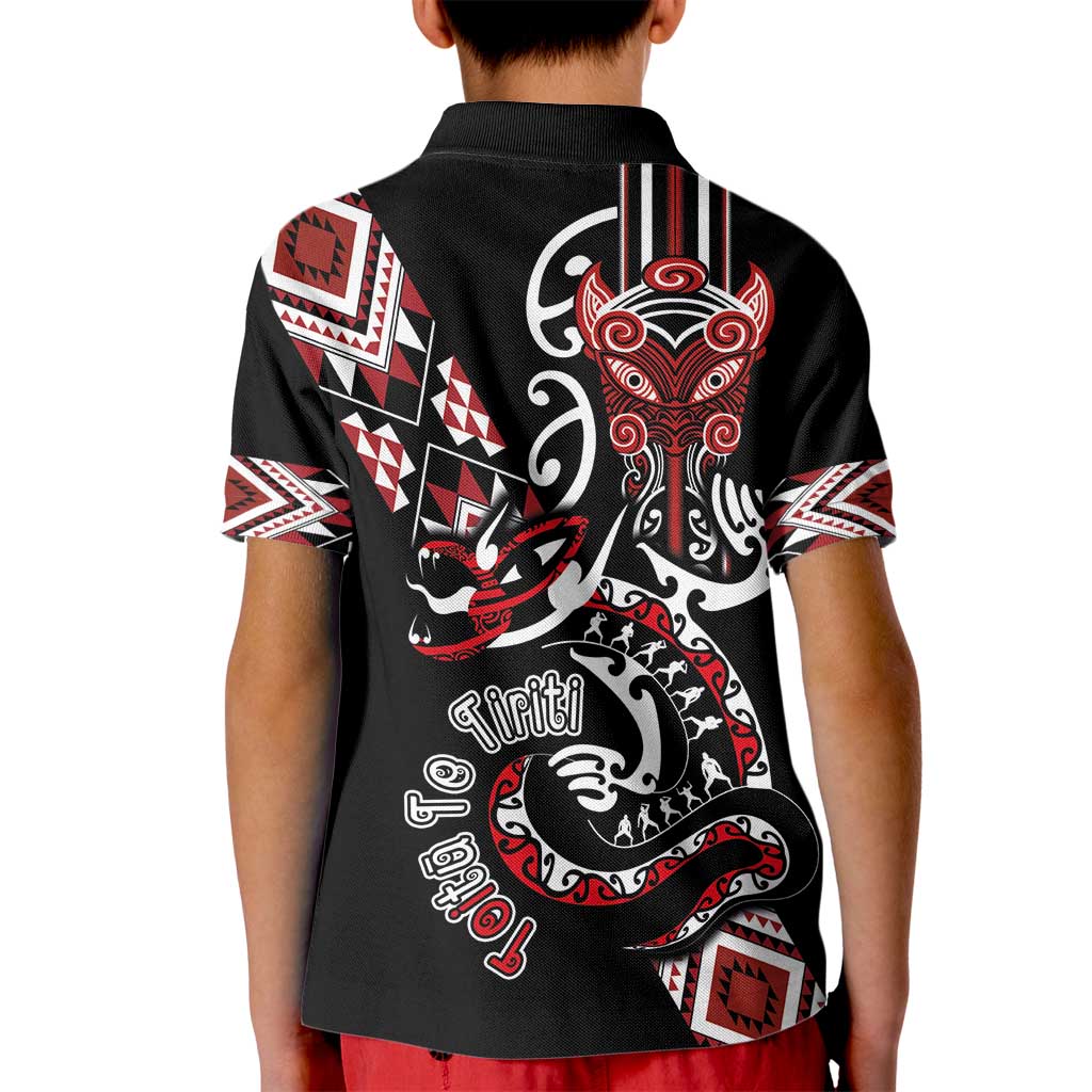 Aotearoa Toitu Te Tiriti-Honour the Treaty Kid Polo Shirt Maori Taniwha Haka with Taniko and Tukutuku