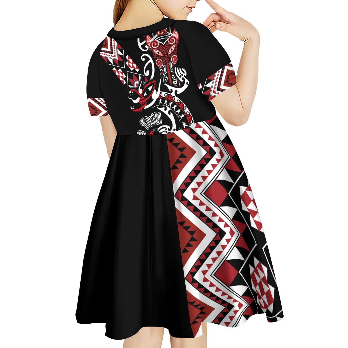 Aotearoa Toitu Te Tiriti-Honour the Treaty Kid Short Sleeve Dress Maori Taniwha Haka with Taniko and Tukutuku
