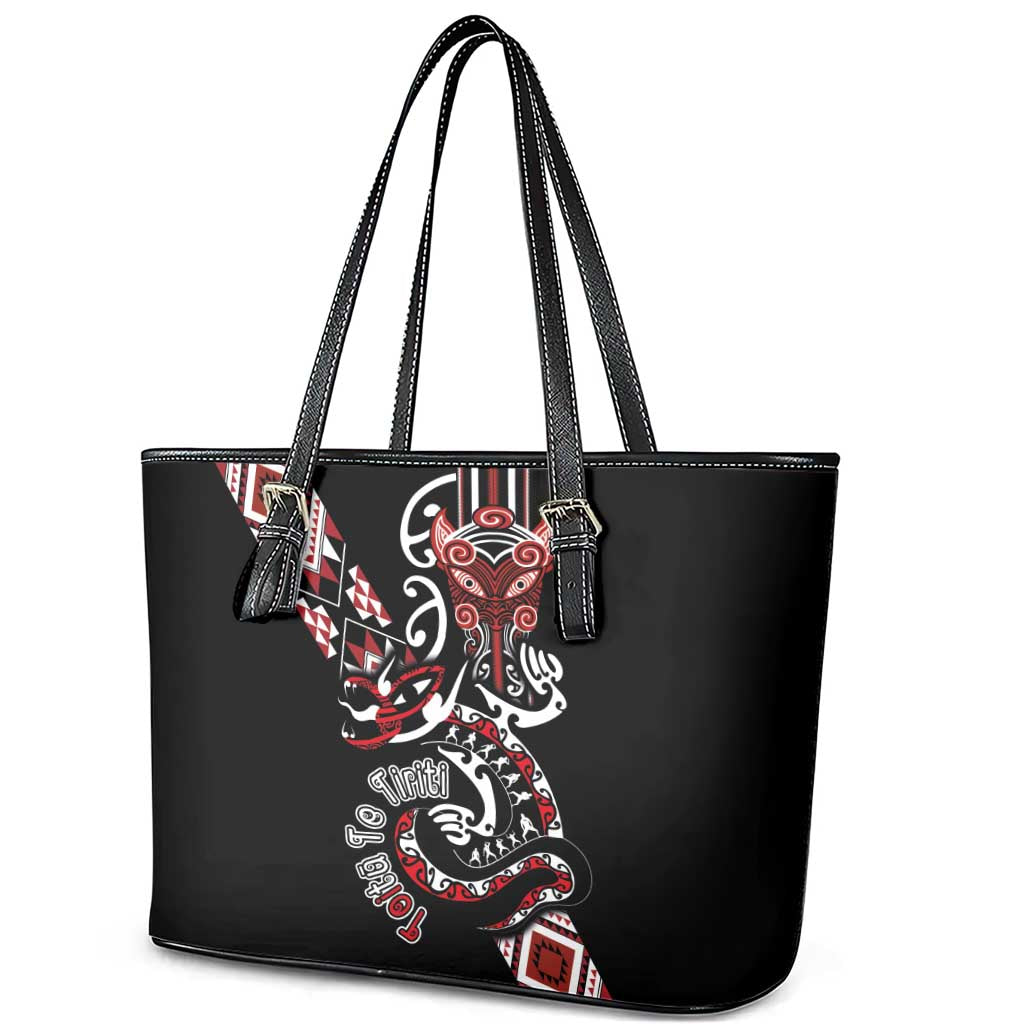 Aotearoa Toitu Te Tiriti-Honour the Treaty Leather Tote Bag Maori Taniwha Haka with Taniko and Tukutuku