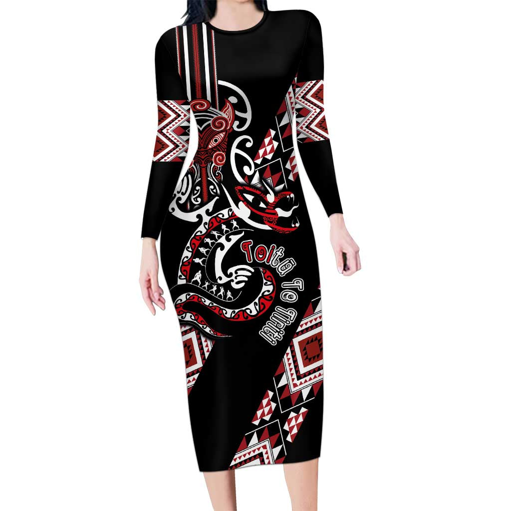 Aotearoa Toitu Te Tiriti-Honour the Treaty Long Sleeve Bodycon Dress Maori Taniwha Haka with Taniko and Tukutuku