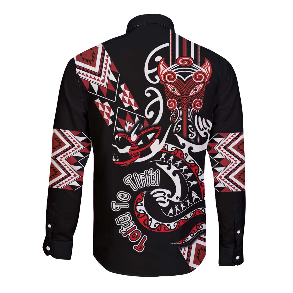 Aotearoa Toitu Te Tiriti-Honour the Treaty Long Sleeve Button Shirt Maori Taniwha Haka with Taniko and Tukutuku
