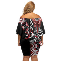 Aotearoa Toitu Te Tiriti-Honour the Treaty Off Shoulder Short Dress Maori Taniwha Haka with Taniko and Tukutuku