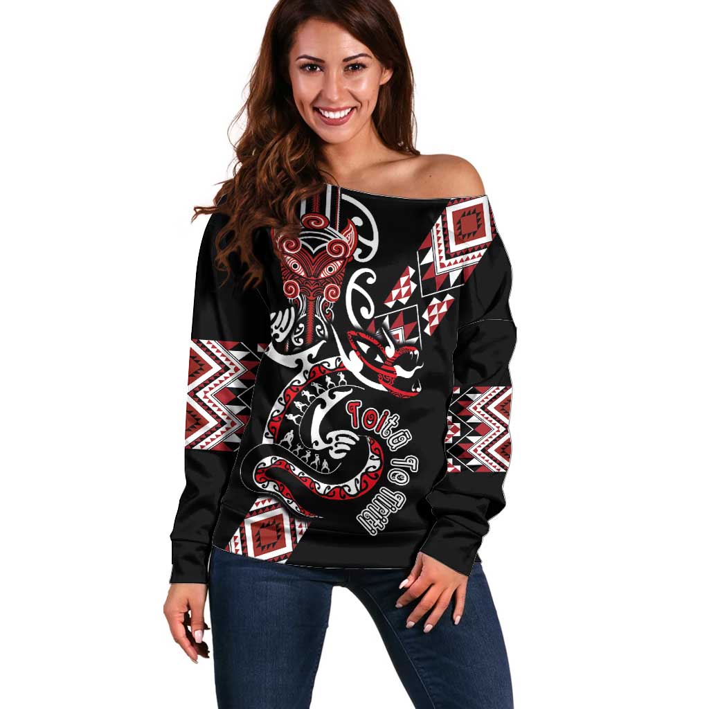 Aotearoa Toitu Te Tiriti-Honour the Treaty Off Shoulder Sweater Maori Taniwha Haka with Taniko and Tukutuku