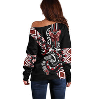 Aotearoa Toitu Te Tiriti-Honour the Treaty Off Shoulder Sweater Maori Taniwha Haka with Taniko and Tukutuku