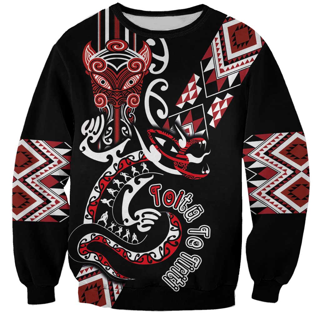 Aotearoa Toitu Te Tiriti-Honour the Treaty Sweatshirt Maori Taniwha Haka with Taniko and Tukutuku