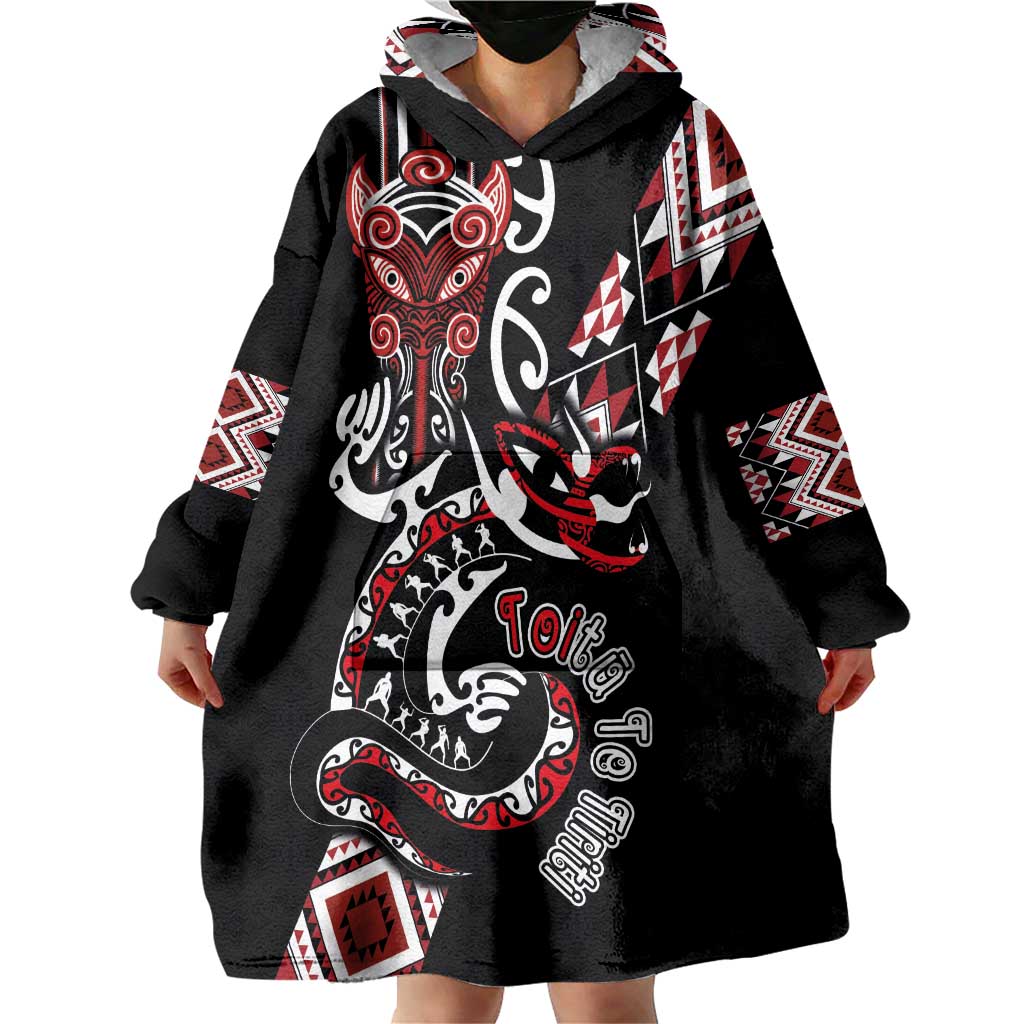 Aotearoa Toitu Te Tiriti-Honour the Treaty Wearable Blanket Hoodie Maori Taniwha Haka with Taniko and Tukutuku
