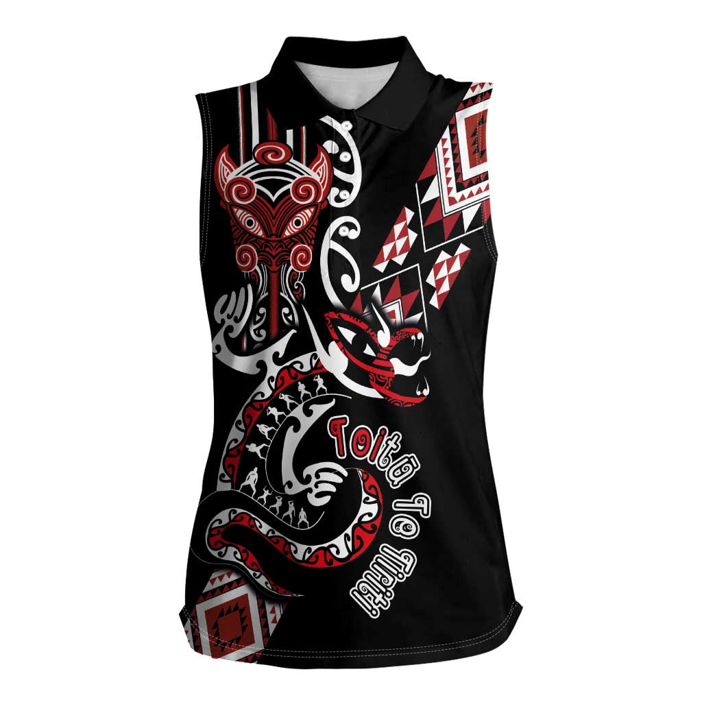 Aotearoa Toitu Te Tiriti-Honour the Treaty Women Sleeveless Polo Shirt Maori Taniwha Haka with Taniko and Tukutuku
