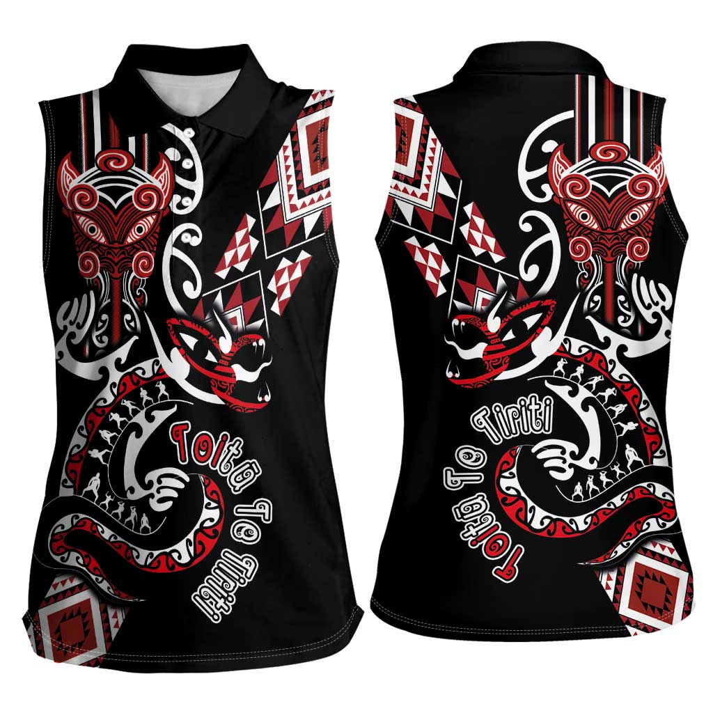 Aotearoa Toitu Te Tiriti-Honour the Treaty Women Sleeveless Polo Shirt Maori Taniwha Haka with Taniko and Tukutuku