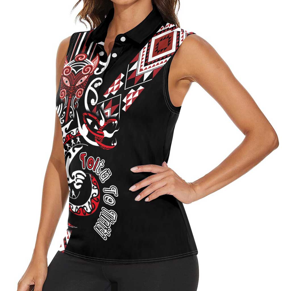 Aotearoa Toitu Te Tiriti-Honour the Treaty Women Sleeveless Polo Shirt Maori Taniwha Haka with Taniko and Tukutuku