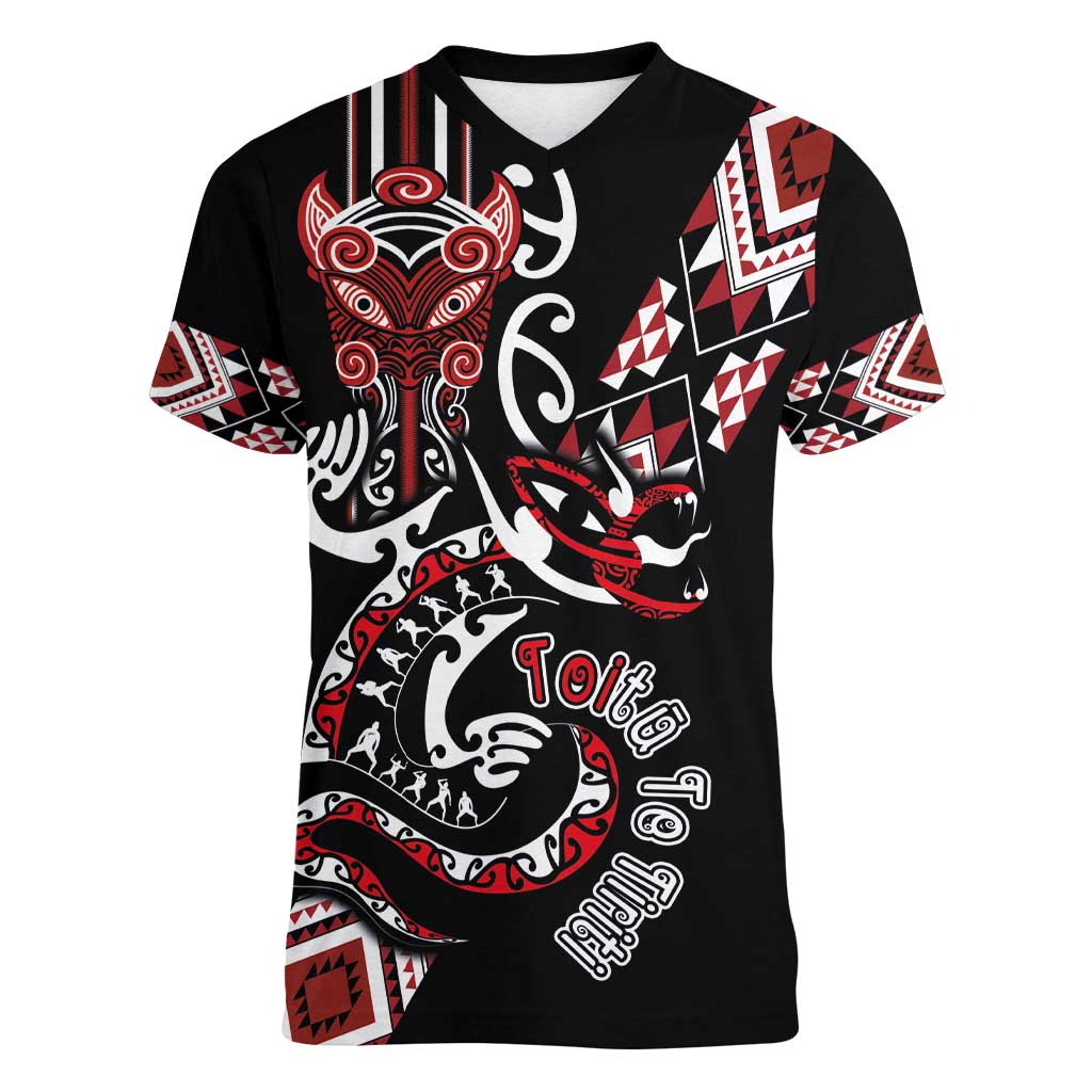 Aotearoa Toitu Te Tiriti-Honour the Treaty Women V-Neck T-Shirt Maori Taniwha Haka with Taniko and Tukutuku