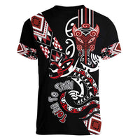 Aotearoa Toitu Te Tiriti-Honour the Treaty Women V-Neck T-Shirt Maori Taniwha Haka with Taniko and Tukutuku